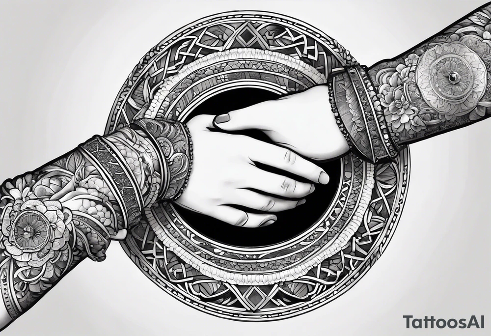 three baby hands and arms holding each other arm in a circle. Each wrist has a bracelet on it, with the names Arabella, Everleigh, and Arayla engraved on plates tattoo idea