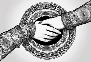 three baby hands and arms holding each other arm in a circle. Each wrist has a bracelet on it, with the names Arabella, Everleigh, and Arayla engraved on plates tattoo idea