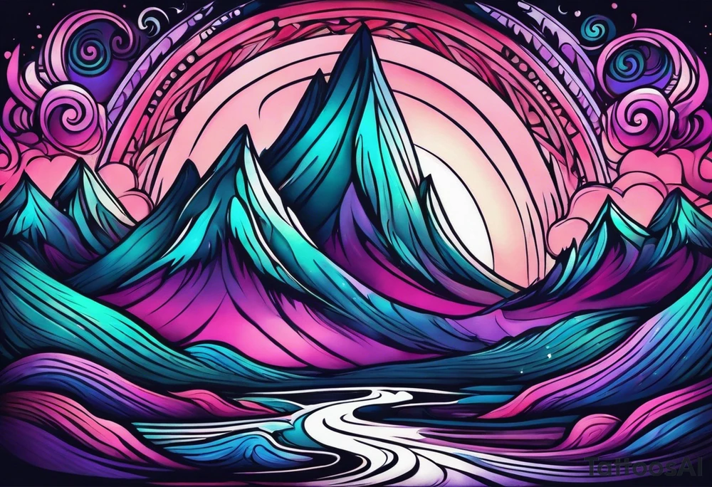 Pink purple teal Bonfire flames turning into northern lights tattoo idea