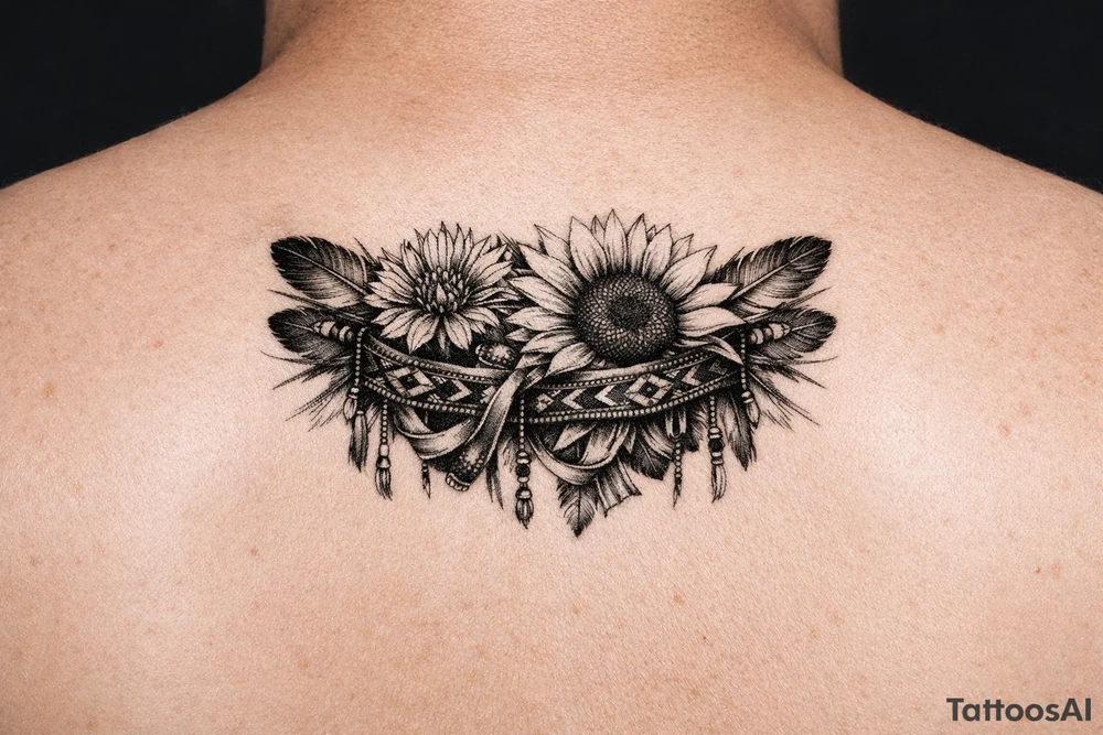 Cornflower and sunflower with feathers and female Indian headband ribboned through tattoo idea