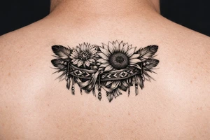 Cornflower and sunflower with feathers and female Indian headband ribboned through tattoo idea