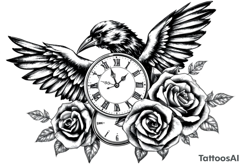 raven,roses,clock. tattoo idea