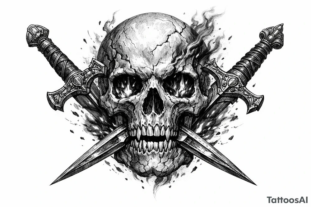 A weathered skull with burning embers, two ornate swords piercing its jaw. tattoo idea