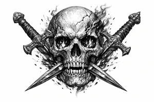 A weathered skull with burning embers, two ornate swords piercing its jaw. tattoo idea