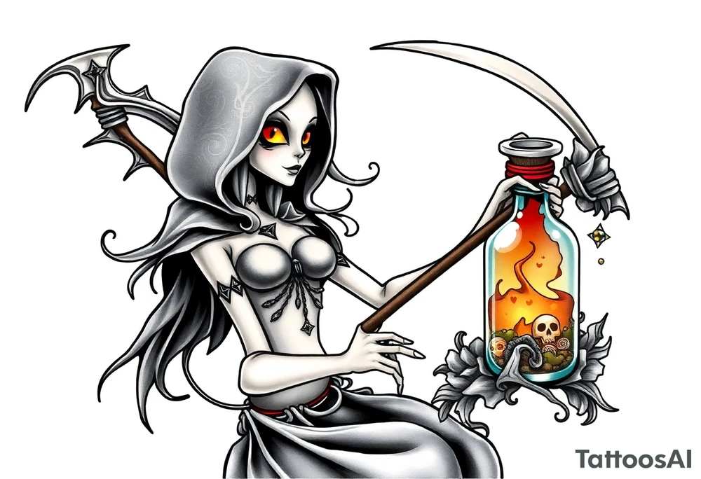 Sexy  xxx Female grim. Reaper and her
 death bringer poison bottle tattoo idea