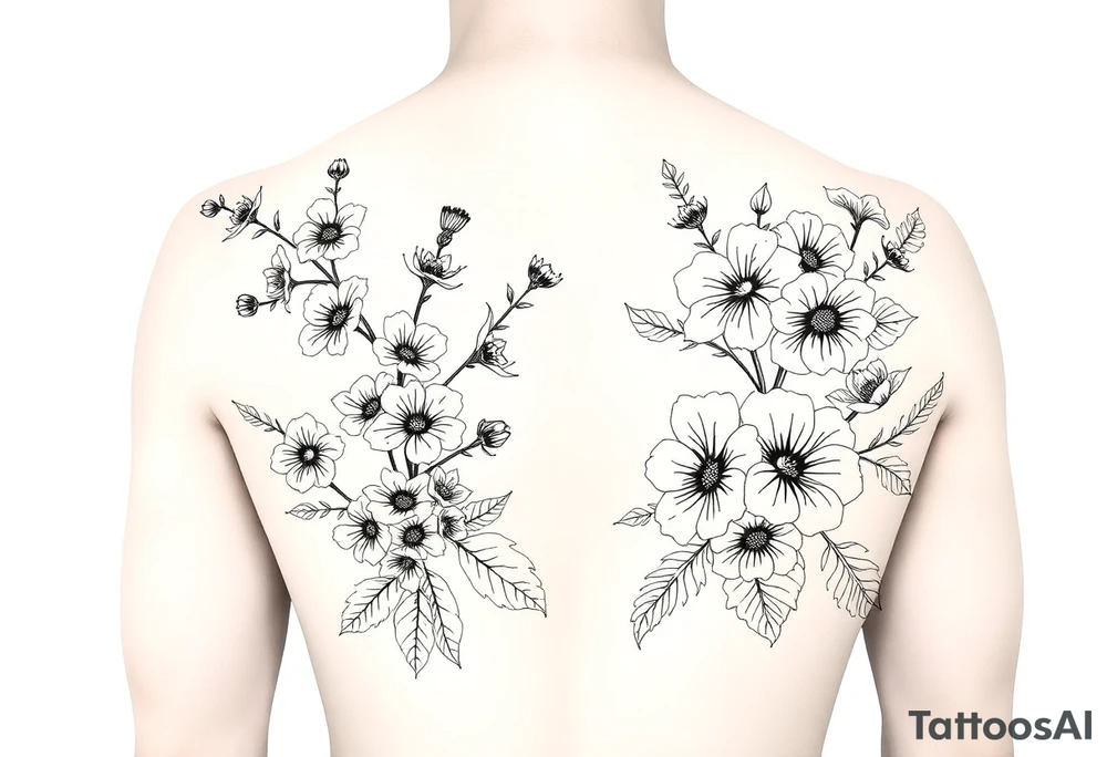 Full sleeve tattoo design of larkspur and hawthorn flowers, highly detailed line art, black ink, elegant botanical style, intertwined composition, no shading, no human mock-up, clean stencil style suitable for tattooing, fit fully within boundaries. LINE ART ONLY, REMOVE HUMAN, NO SKIN tattoo idea