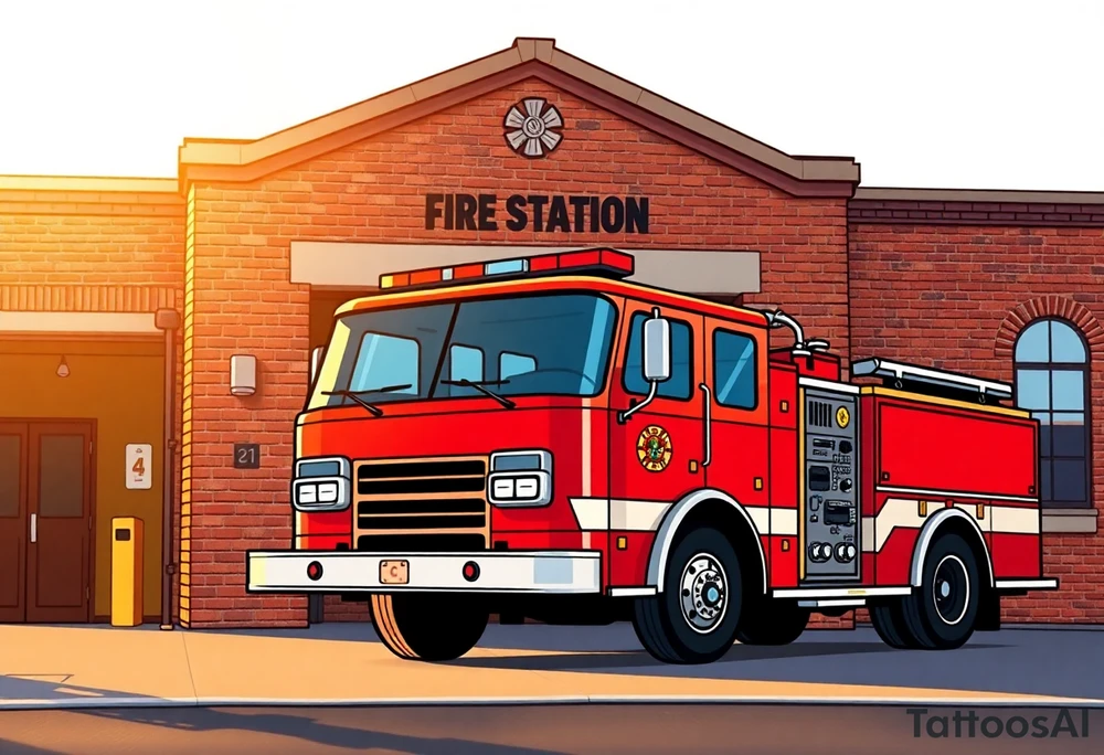 A fire station with an old-school red fire truck parked in front, with warm brick textures and golden sunlight casting long shadows. tattoo idea