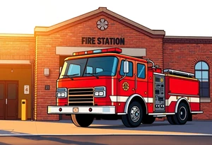 A fire station with an old-school red fire truck parked in front, with warm brick textures and golden sunlight casting long shadows. tattoo idea