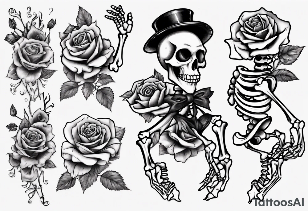 Dancing skeleton on a rose tattoo idea