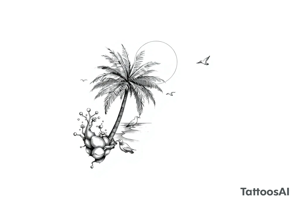 palm tree, sun, beach, birds tattoo idea