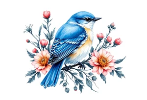 Puffy bluebird surrounded by wild flowers tattoo idea