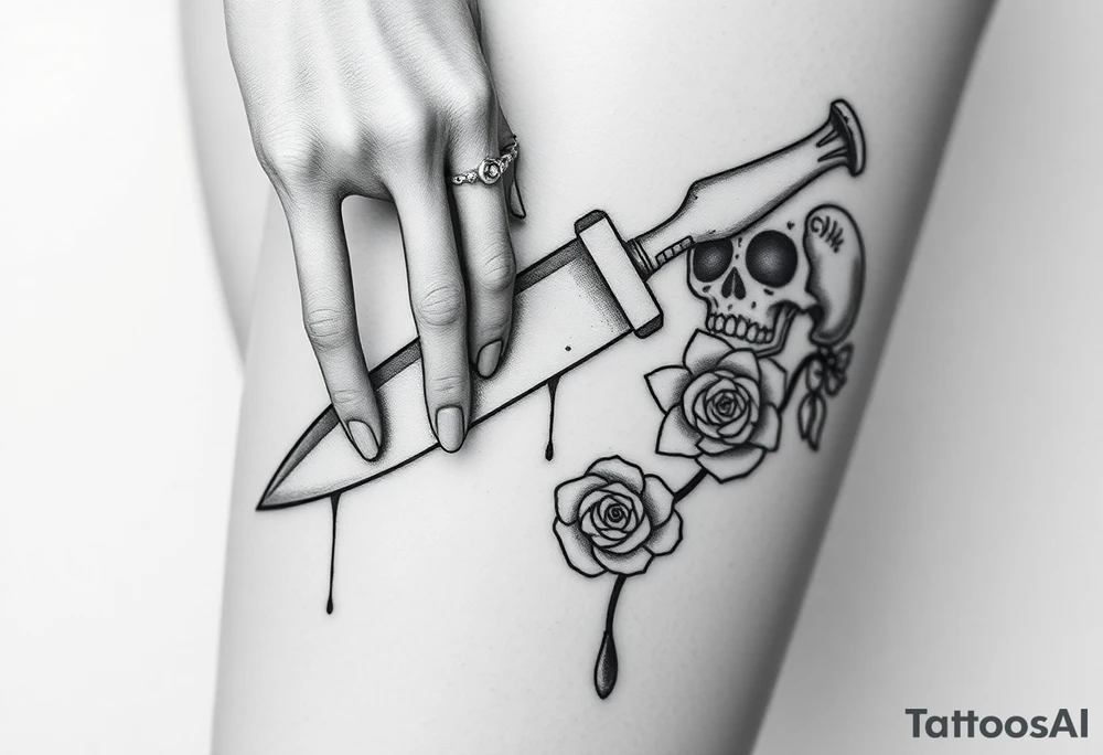 en el caos encontré mi forma favorita 
de amarte somos veneno y promesa.  Add around 

Woman’s hand reaching down grabbing blade handle, skeleton head on right under blade, rise on right under blade, blood dry from tip of blade, skeleton hand reaching for Blade tip. Just the hand and place above blade handle reaching for handle. Skull and rose underneath blade. Just the skeleton hand reaching for tip of knife which is dripping blood. tattoo idea