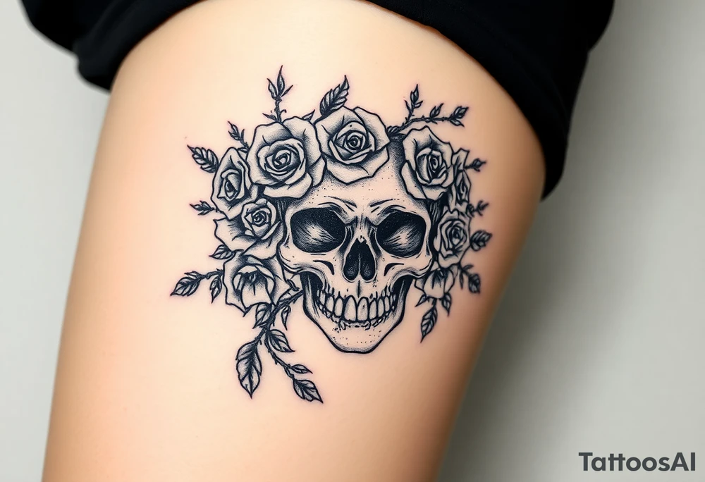 ornate skull adorned with crown of wild roses and thorns tattoo idea