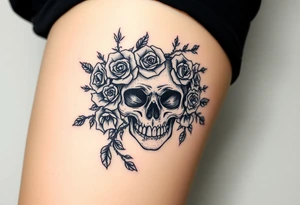 ornate skull adorned with crown of wild roses and thorns tattoo idea