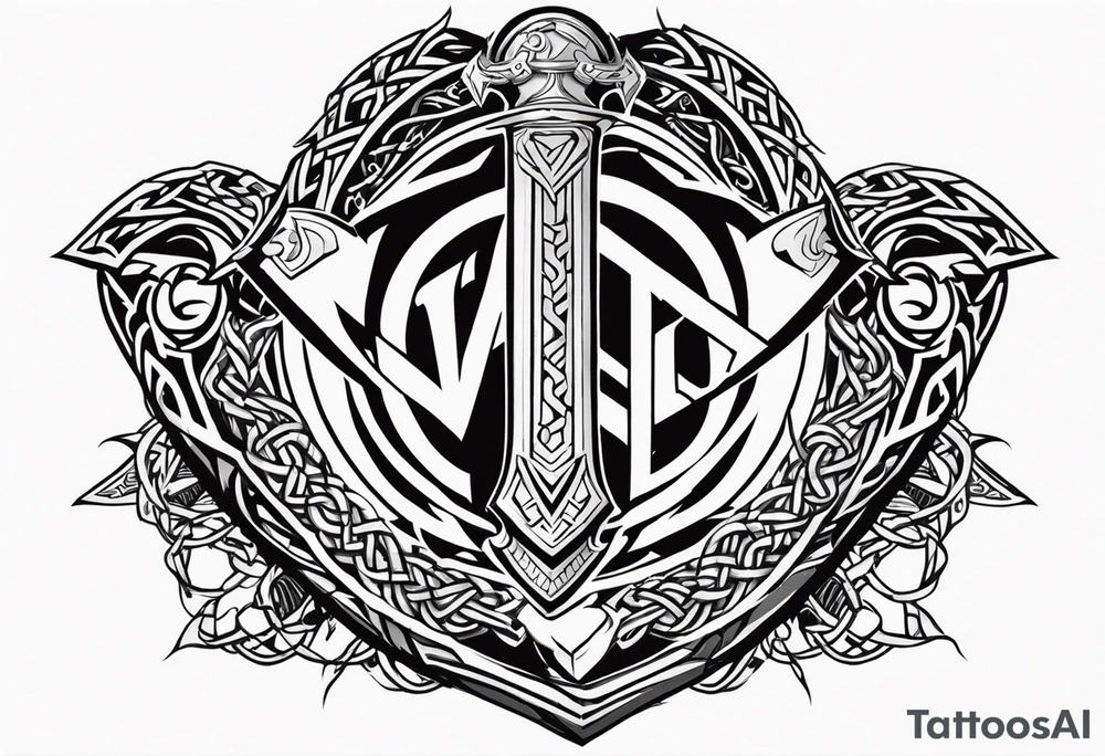 Valhalla sword shield dragon axe Valknut barbed wire chains tribal tattoo idea Valhalla sword shield dragon axe Valknut barbed wire chains tribal tattoo idea