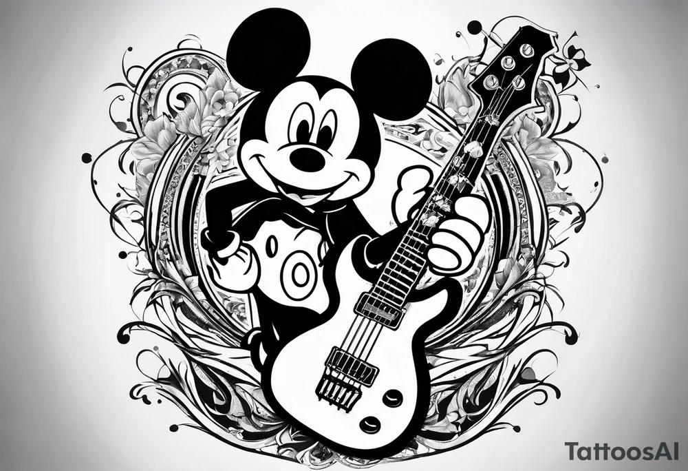 Collage for full sleeve with:
2 stars, 
1 quarter moon, 
a bass guitar, 
a caduceus symbol and 
a mickey mouse shadow tattoo idea