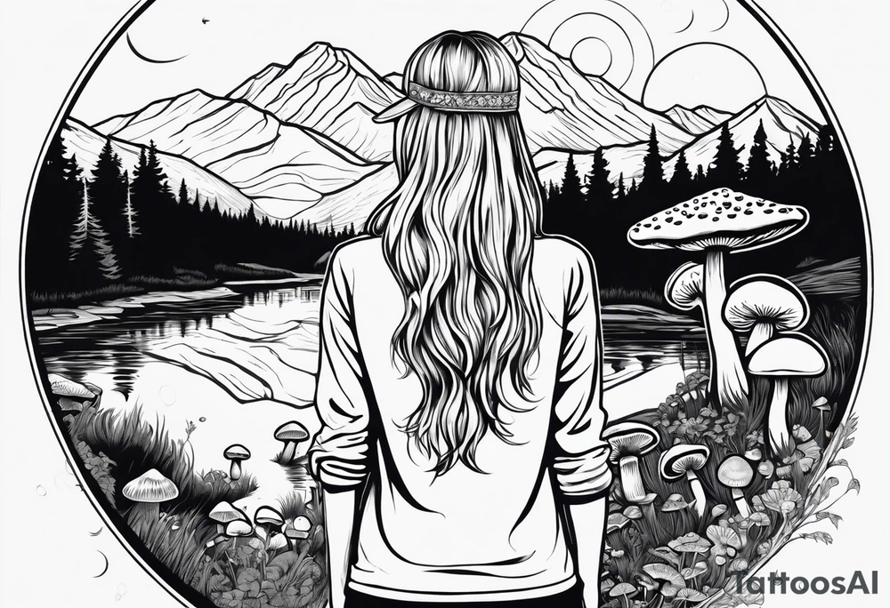 Whole picture encircled fully

Straight long blonde hair hippie girl in distance holding mushrooms in hand facing away toward mountains and creek surrounded by mushrooms long sleeve shirt and hiking pants; whole rendering within a full circle, no cut off circle tattoo idea