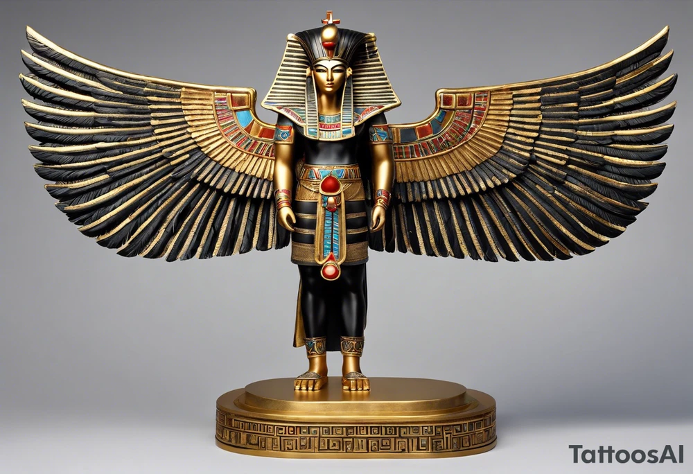 Wings: The figure has huge, extended wings that are decorated with feathers. The curve of the wings is elegant and symmetrical.

Headdress: On his head is a special headdress that resembles an Egyptian-style crown.

Clothing: The figure wears elaborate clothing decorated with geometric patterns, which refers to the characteristics of Egyptian art.

Position: The deity is depicted in a seated position with legs bent and hands resting on the outer parts of the wings as if supporting the wings with outstretched arms. tattoo idea