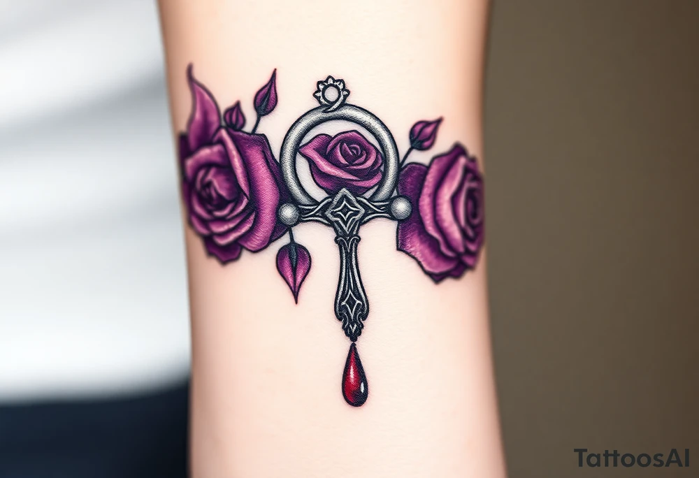 A silver Ankh wrapped in deep purple roses, with drops of blood-red ink dripping from its base, evoking gothic romance and eternal love. tattoo idea