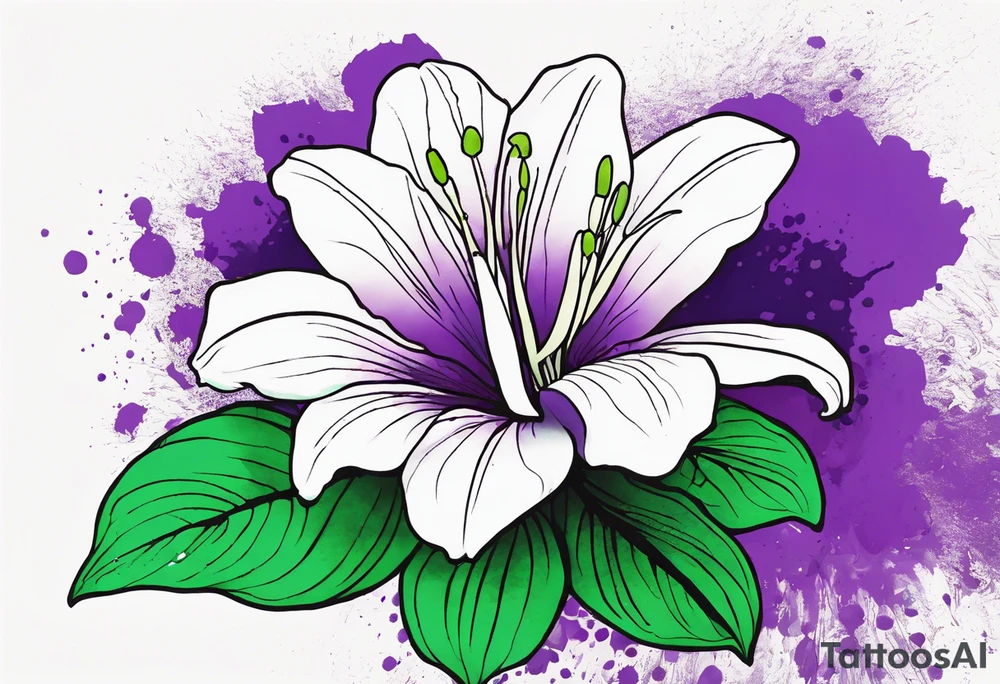 An outline of a rio dipladenia flower with green/purple pedals and a green/purple watercolor splash in the background tattoo idea