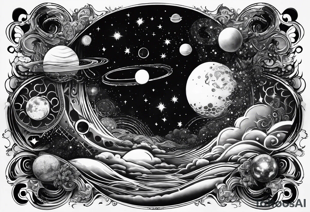 A tattoo featuring a cosmic scene with planets, black holes, and supernovae intertwined with intricate linguistic symbols, reflecting the client's interests in cosmology and linguistics. tattoo idea