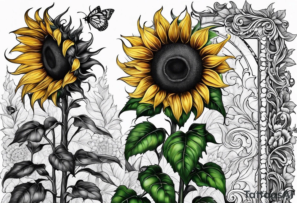 Psalm 23 leg sleeve with sunflowers and the verses lining the vines and leaves tattoo idea