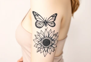 Bohemian hippie butterfly sitting atop a stylized  sunflower with mandala petals tattoo idea