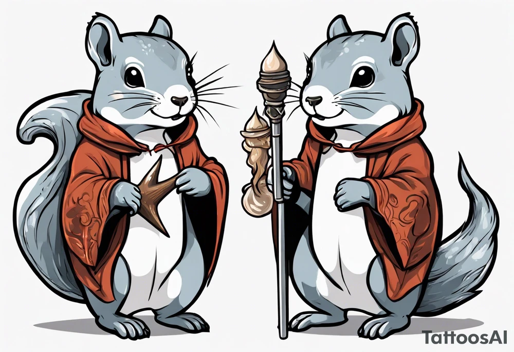 a grey squirrel dressed in a medieval tunic holding a silver narwhal horn tattoo idea