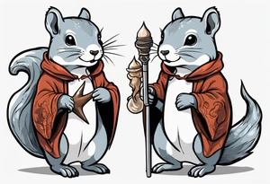 a grey squirrel dressed in a medieval tunic holding a silver narwhal horn tattoo idea