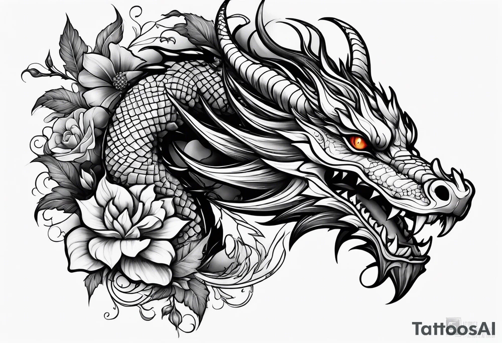Dragon on forearm with vines and flowers tattoo idea