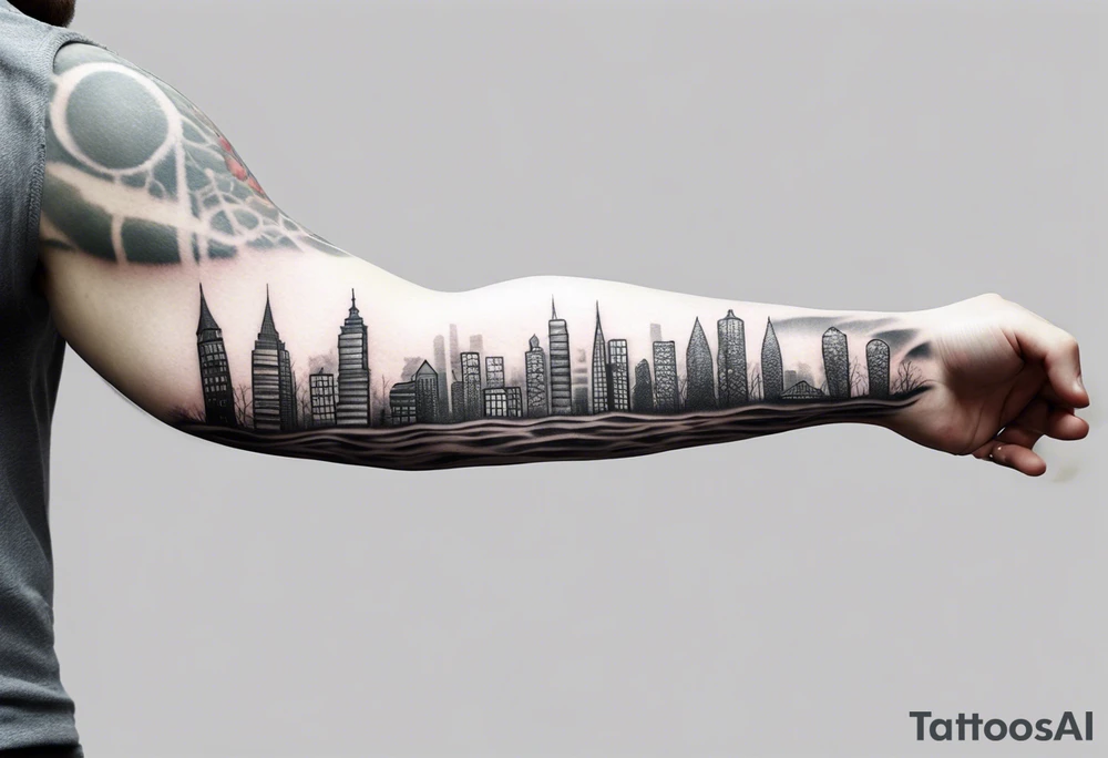 full arm sleeve tattoo a tree that looks like a DNA strand with a city skyline tattoo idea