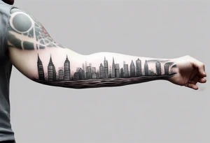 full arm sleeve tattoo a tree that looks like a DNA strand with a city skyline tattoo idea