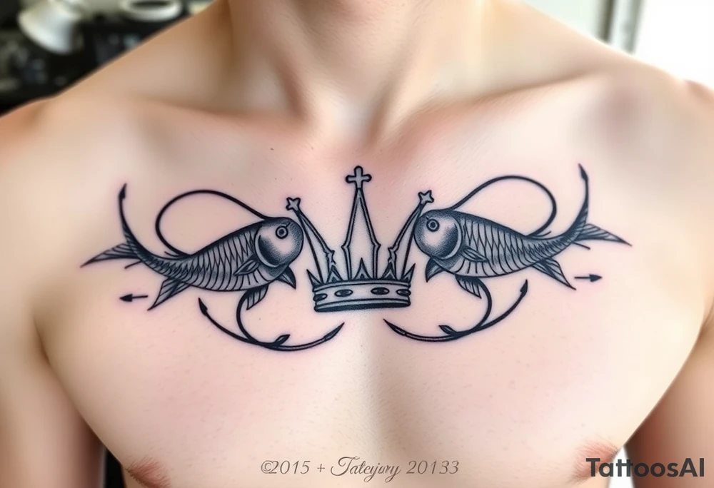 Chest tattoo, two lures and crown between tattoo idea