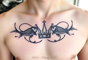 Chest tattoo, two lures and crown between tattoo idea