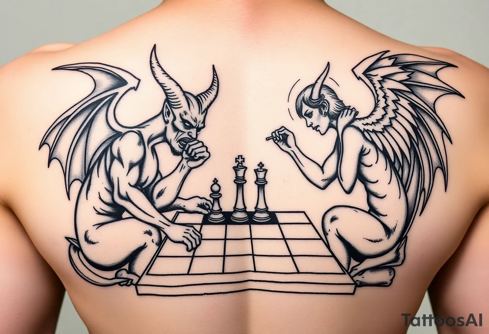 devil and angel playing chess in black and mainly just the outline. Make them seem like people and not animals tattoo idea
