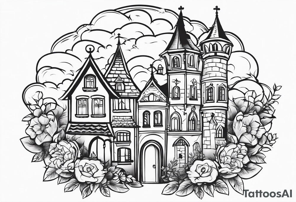 sacred medieval town houses open gate towers garden circle vignette surrounded by clouds floral tattoo idea