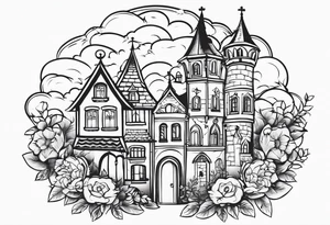 sacred medieval town houses open gate towers garden circle vignette surrounded by clouds floral tattoo idea