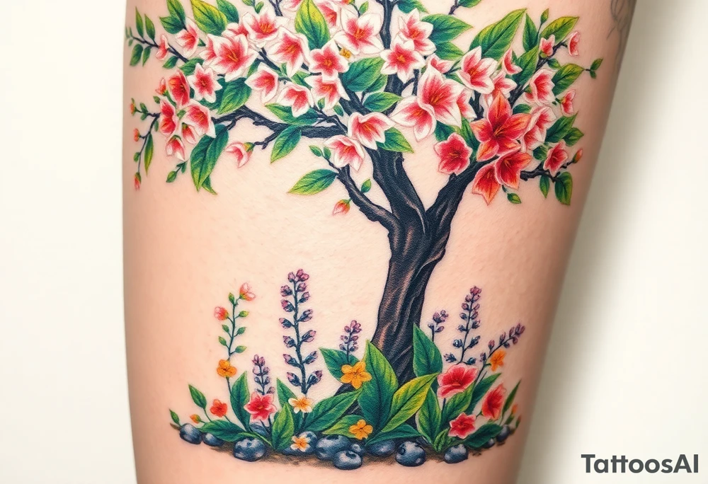 Lilly of the vally plants underneath a blooming hawthorn tree with other colorful lilly plants on ground tattoo idea