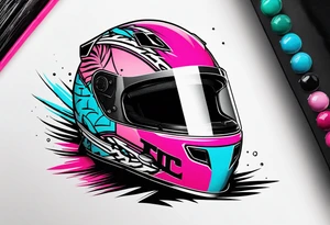 Formula 1 helment with a palm tree and black pink and light blue color tattoo idea