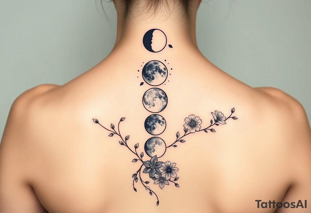 new moon, waxing crescent, first quarter, waxing gibbous, full moon, waning gibbous, third quarter, and waning crescent detailed down the spine with vines and different flowers along the sides shading and color tattoo idea