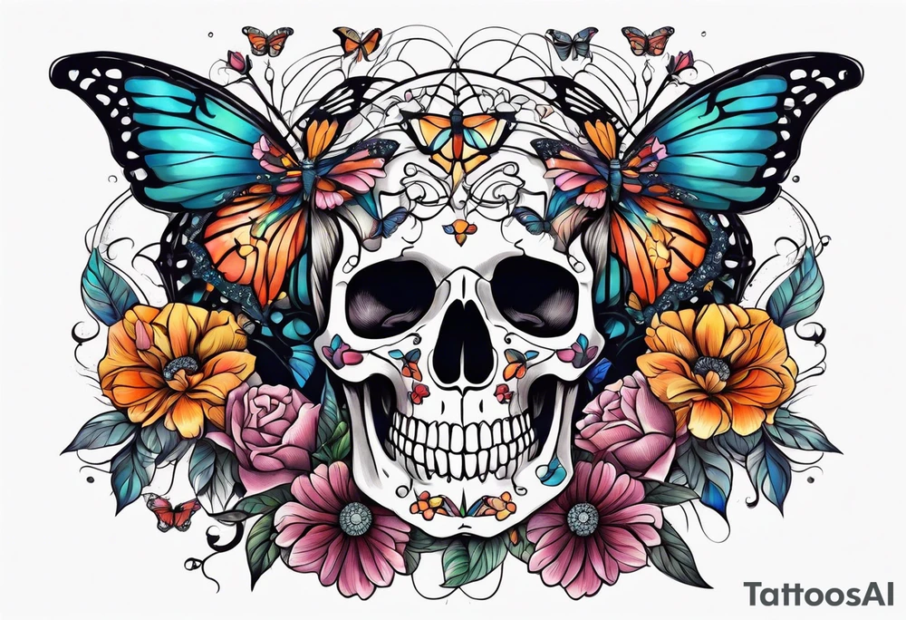 skeleton rib cage with flowers surrounding it and butterflies tattoo idea