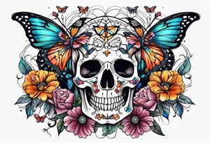 skeleton rib cage with flowers surrounding it and butterflies tattoo idea