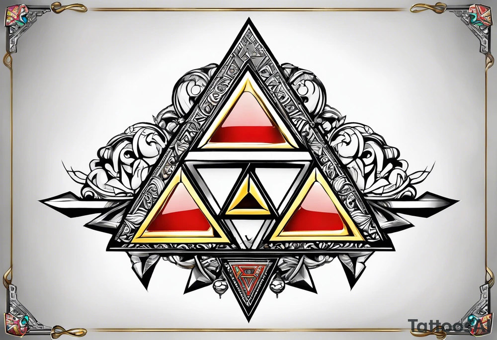 Triforce from the Zelda series with the word courage strength and wisdom tattoo idea