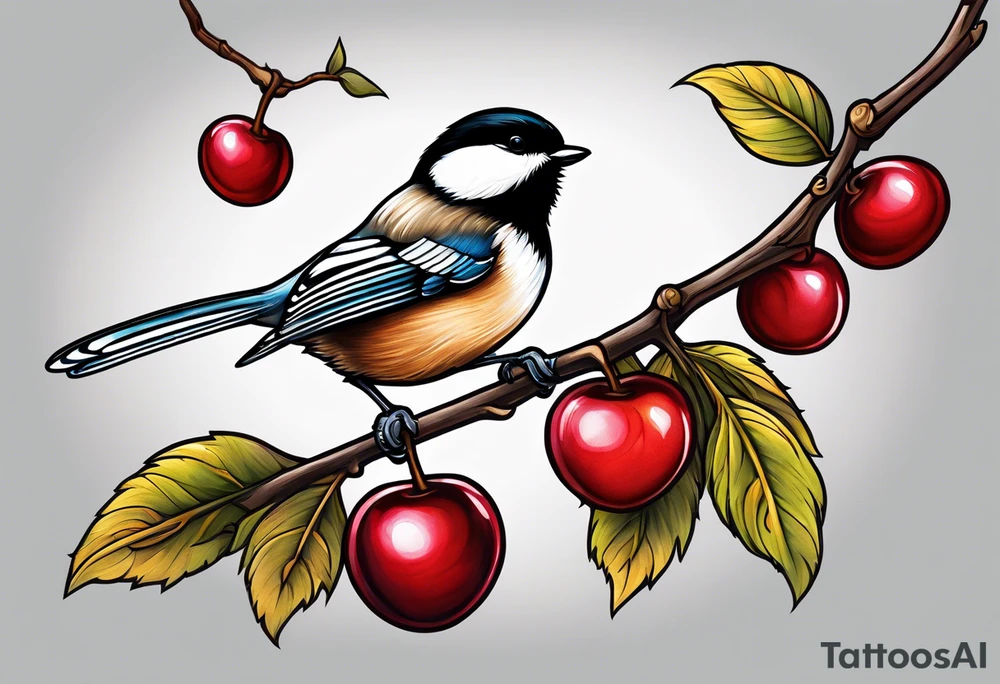 Chickadee on cherry branch tattoo idea