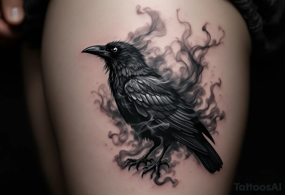 Crow Emerging from Smoke – A crow taking form out of swirling black and gray smoke. Textured shading with light white highlights. tattoo idea