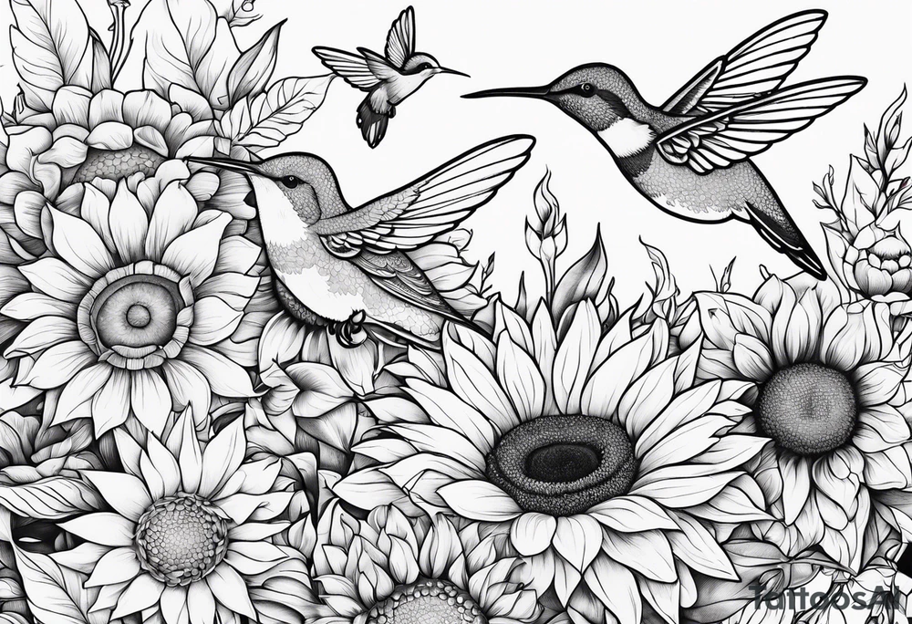 Hunnysuckle flowers with humming birds and sunflowers tattoo idea