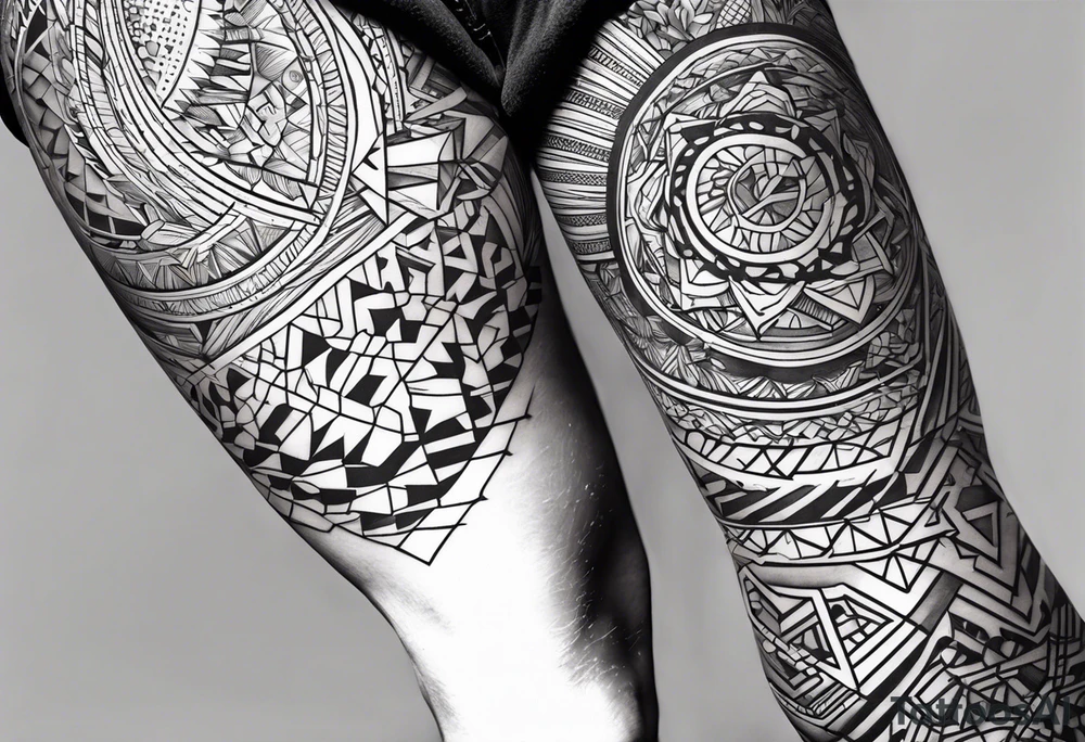 Mix match geometric pattern full leg and butt sleeve male tattoo idea