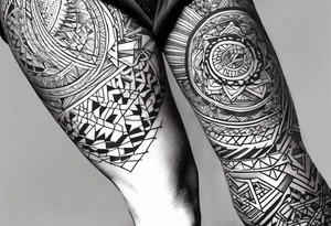 Mix match geometric pattern full leg and butt sleeve male tattoo idea