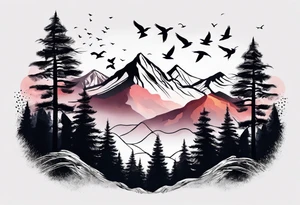 A mountain scape with trees. 5 silhouettes of birds. tattoo idea