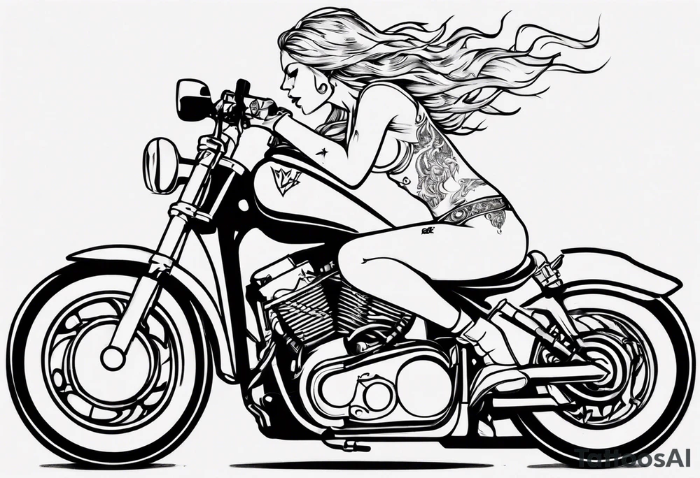 i want a tattoo of a girl riding a motorcycle with the words “Viking Customs” tattoo idea